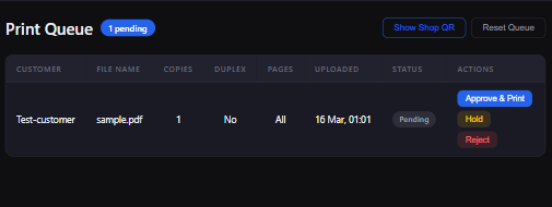 Shop dashboard showing print queue